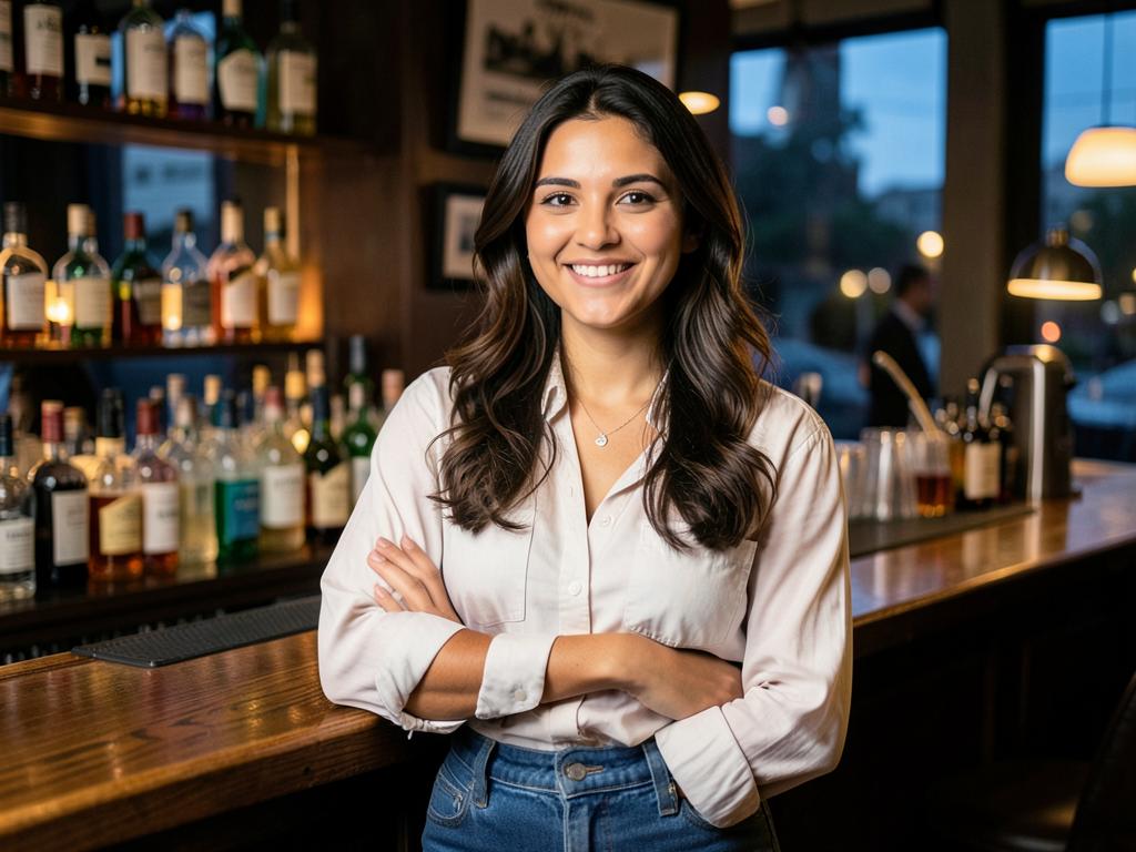Proprietária de bar sorrindo atrás do balcão com garrafas ao fundo