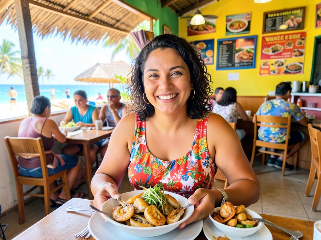 Proprietária de restaurante de frutos do mar em frente à praia
